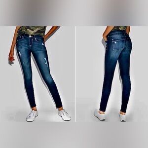 Express Dark Wash Distressed Mid Rise Super Skinny Jeans 6